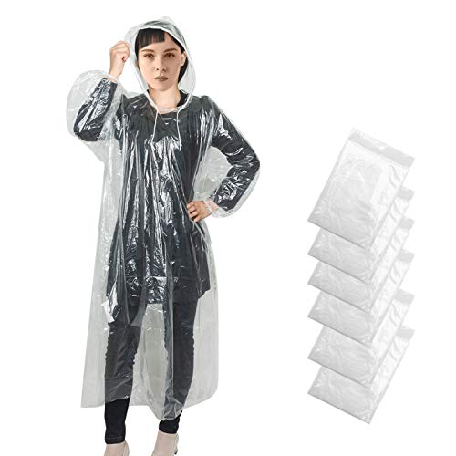 Rain Poncho for Adults, 6 Pack Disposable Raincoats with Drawstring Hood and Elastic Sleeve Ends, 100% Waterproof for Theme Parks, Hiking, Camping, Travel White