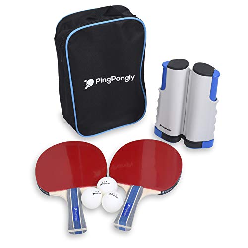 PingPongly Portable Ping Pong Set - Retractable Ping Pong Net for Any Table, 2 Ping-Pong Paddles/Rackets, 3 White 3-Star Balls, Ping Pongly Storage Case Quality Table Tennis Set- Retractable Net