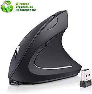 Rechargeable Ergonomic Wireless Mouse, 2.4G USB Vertical Ergonomic Mouse with 3 Adjustable DPI 800/1200/1600 Levels 6 Buttons for Computer, Laptop, PC, MacBook- Black