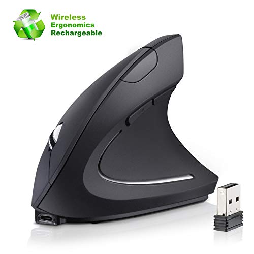 Rechargeable Ergonomic Wireless Mouse, 2.4G USB Vertical Ergonomic Mouse with 3 Adjustable DPI 800/1200/1600 Levels 6 Buttons for Computer, Laptop, PC, MacBook- Black