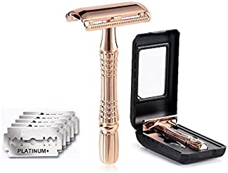 Classic 3-Piece Razor Double Edge Safety Razor Manual Shaver Rose Gold + 5 Sharp Blades with a ABS Case