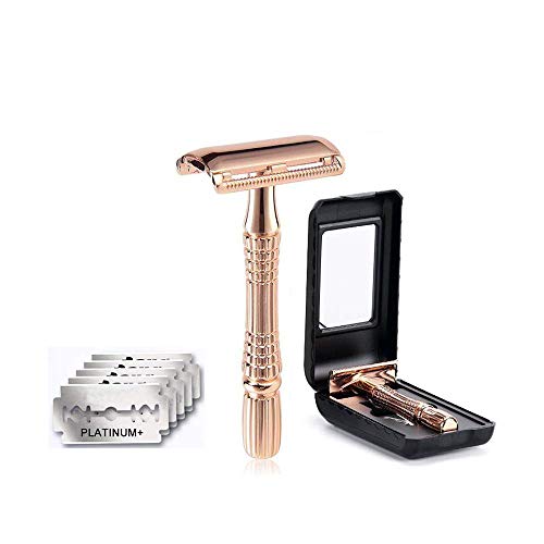 Classic 3-Piece Razor Double Edge Safety Razor Manual Shaver Rose Gold + 5 Sharp Blades with a ABS Case