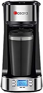 Casara Single Serve Coffee Maker- with Programmable timer and LCD display, Single Cup Coffee Maker with 14 oz. Double-wall Stainless Steel Travel Mug(INCLUDED) and Reusable Filter,Compact Personal Coffee Maker