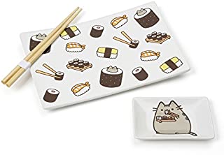 Pusheen by Our Name is Mud Stoneware Sushi Tray and Soy Dish with Chopsticks, 3 Pieces, White