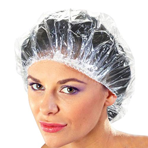 100+10 Disposable Clear Mop Mob Caps Clipped Hair Head Cover Shower Cap Plastic for Beauty Salon,Food Service,Hospitals,Laboratories,Manufacturing or Spray Tanning