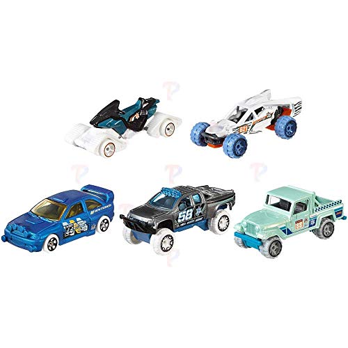 Hot Wheels 2017 HW Snow Stormers 5-Pack (Snow Stormer, Team Corkscrew Buggy, Ford Escort, Sandblaster, Jeep Scrambler)