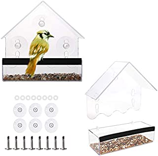 TAMAYKIM Window Acrylic Bird Feeder Set of 2 with Strong Suction Cups and Screws, Separable Sliding Seed Tray Transparent Birdfeeders House for Outdoors Wild Birds, Windows, Trees, Doors