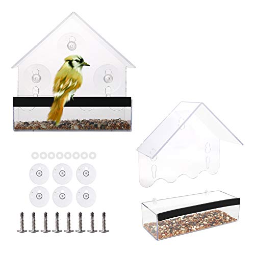 TAMAYKIM Window Acrylic Bird Feeder Set of 2 with Strong Suction Cups and Screws, Separable Sliding Seed Tray Transparent Birdfeeders House for Outdoors Wild Birds, Windows, Trees, Doors