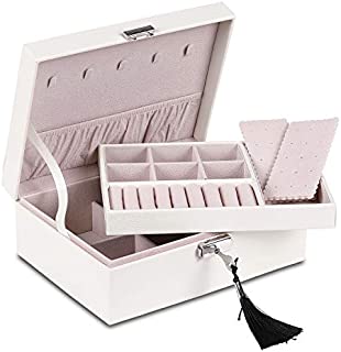 misaya Jewelry Organizer Box - Women Two Layer Display Storage Case Large PU Leather Jewelry Holder with Lock for Earring Ring Necklace Bracelet, Beige White