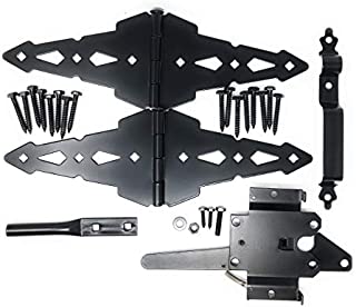 Wood Gate Hardware Set  Heavy Duty Kit for Fence Swing Gate- Outdoor Decorative Black Finish w/ 8 Strap Hinges and Spring Loaded Latch