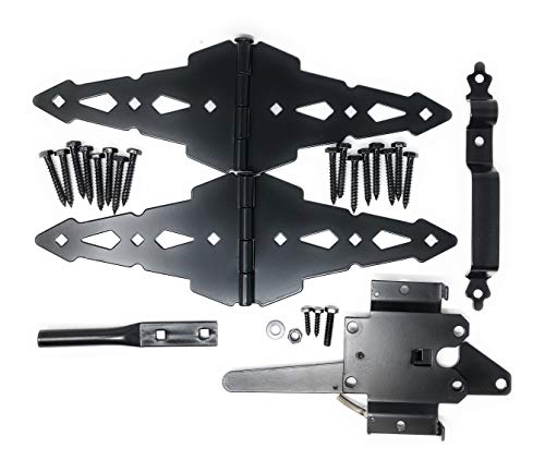 Wood Gate Hardware Set  Heavy Duty Kit for Fence Swing Gate- Outdoor Decorative Black Finish w/ 8 Strap Hinges and Spring Loaded Latch