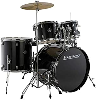 Ludwig Accent Drive Series LC175 Complete Drum Package with Cymbals, Hardware, Drum Throne, Chain-drive Pedal and Sticks (Black bundle)