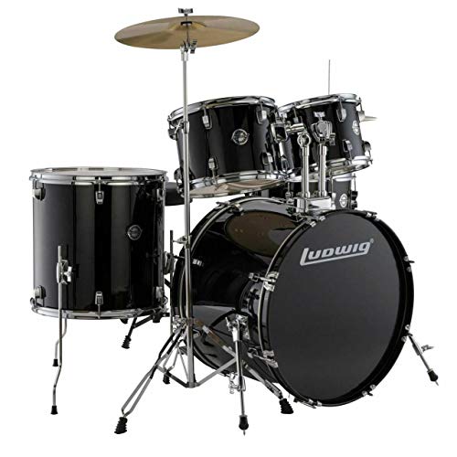 Ludwig Accent Drive Series LC175 Complete Drum Package with Cymbals, Hardware, Drum Throne, Chain-drive Pedal and Sticks (Black bundle)