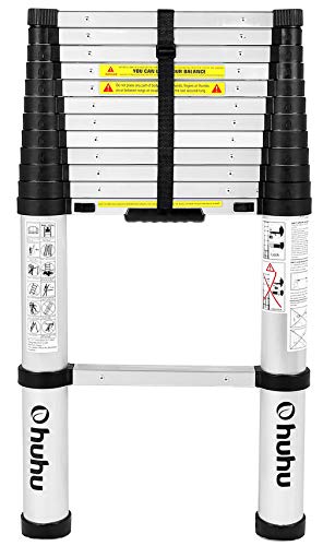 Ohuhu 12.5 FT Aluminum Telescopic Extension Ladder, ONE-BUTTON RETRACTION New Design Telescoping Ladder, ANSI Certified Extendable Ladder with Spring Loaded Locking Mechanism, 330 Pound Capacity