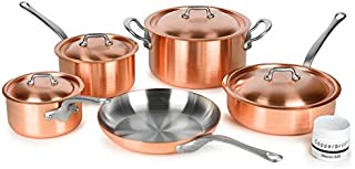 Mauviel 2.5mm Brushed Copper Cookware Set, 9 Piece - Made in France - Stainless Steel Handles (M'heritage M250S)