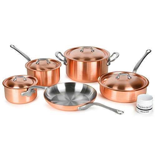 Mauviel 2.5mm Brushed Copper Cookware Set, 9 Piece - Made in France - Stainless Steel Handles (M'heritage M250S)