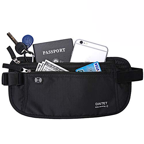 DAITET Money Belt - Passport Holder Secure Hidden Travel Wallet with RFID Blocking, Undercover Fanny Pack (Black)