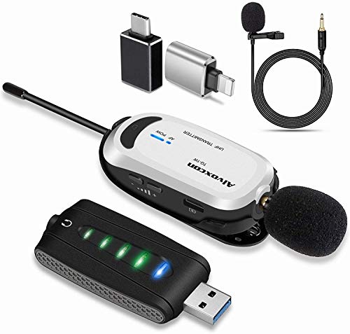 Wireless lavalier Microphone for iPhone & Computer -Alvoxcon USB Lapel Mic System for Android, PC, Laptop, Speaker, Podcasting, Vlog, YouTube, Conference, Vocal Recording, Gaming (with Monitor Jack)