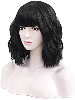 Iciwueen Short Wavy Wigs for Women, Black Bob Wig with Bangs Natural Looking Heat Resistant Premium Synthetic Wig for Girls Lady Cosplay Party Daily Wear