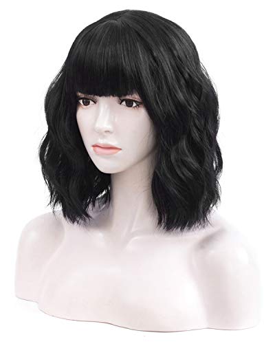 Iciwueen Short Wavy Wigs for Women, Black Bob Wig with Bangs Natural Looking Heat Resistant Premium Synthetic Wig for Girls Lady Cosplay Party Daily Wear