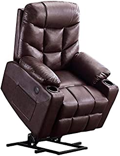 Mcombo Electric Power Lift Recliner Chair Sofa for Elderly, 3 Positions, 2 Side Pockets and Cup Holders, USB Ports, Faux Leather 7288 (Dark Brown)