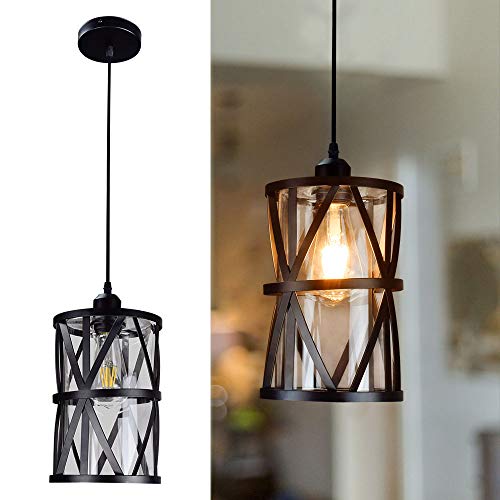 DLLT Industrial Pendant Light, Metal Hanging Ceiling Lights Fixture with Clear Glass Shade, Flush-Mount Swag Lighting for Kitchen/Dining Room/Hallway/Bedroom, E26 Base (Black)