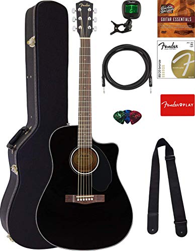 Fender CD-60SCE Dreadnought Acoustic-Electric Guitar - Black Bundle with Hard Case, Tuner, Strap, Strings, Picks, Instructional DVD, Polishing Cloth