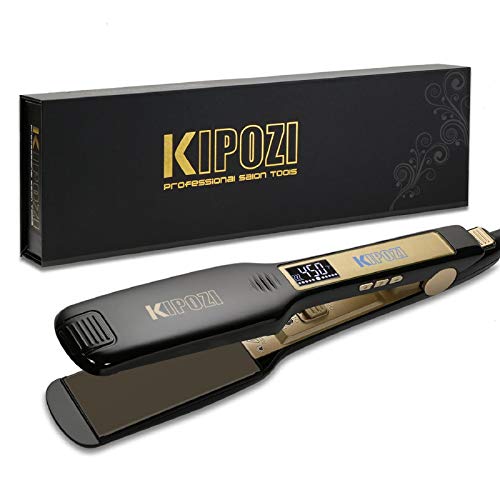 KIPOZI Professional Titanium Flat Iron Hair Straightener with Digital LCD Display, Dual Voltage, Instant Heating, 1.75 Inch Wide Black.