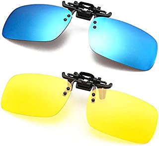 Polarized Clip-on Sunglasses Anti-Glare Flip Up Clip On Night Driving Glasses for Prescription Glasses (Blue + Night Vision Lens)