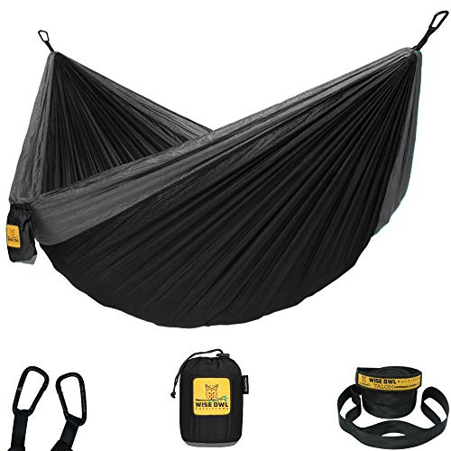 Wise Owl Outfitters Hammock for Camping Single & Double Hammocks Gear for The Outdoors Backpacking Survival or Travel - Portable Lightweight Parachute Nylon DO Black & Grey