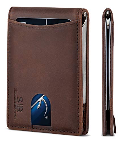 SERMAN BRANDS RFID Blocking Slim Bifold Genuine Leather Minimalist Front Pocket Wallets for Men with Money Clip (Texas Brown 1.0)