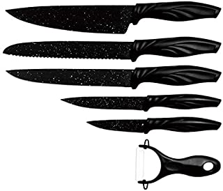 MILLERHAUS Non-Stick Kitchen Knife Set, 6 Piece, including Carving, Slicer, Bread, Utility and Paring Knives with Marbling Coating and Ceramic Peeler, Magnetic Knife Set