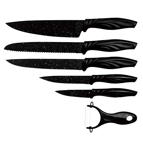 MILLERHAUS Non-Stick Kitchen Knife Set, 6 Piece, including Carving, Slicer, Bread, Utility and Paring Knives with Marbling Coating and Ceramic Peeler, Magnetic Knife Set