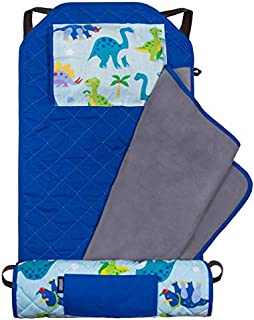 Wildkin All-In-One Modern Nap Mat with Pillow for Toddler Boys and Girls, Ideal for Daycare and Preschool, Features Elastic Corner Straps Cotton Blend Materials, Olive Kids (Dinosaur Land)