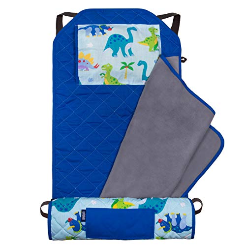 Wildkin All-In-One Modern Nap Mat with Pillow for Toddler Boys and Girls, Ideal for Daycare and Preschool, Features Elastic Corner Straps Cotton Blend Materials, Olive Kids (Dinosaur Land)