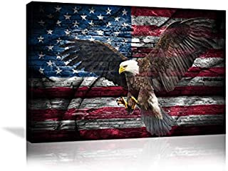 Retro American Flag Bald Eagle US Military Wall Art Canvas Prints Thin Blue Red Line Home Decor Pictures for Living Room Bedroom Painting Framed Ready to Hang