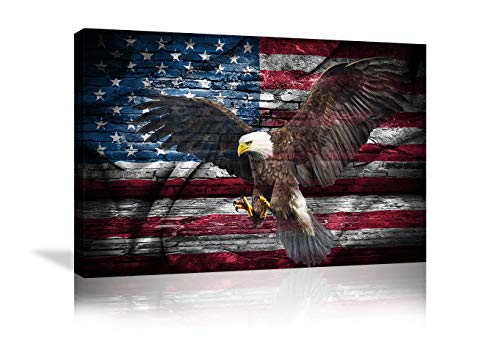 Retro American Flag Bald Eagle US Military Wall Art Canvas Prints Thin Blue Red Line Home Decor Pictures for Living Room Bedroom Painting Framed Ready to Hang