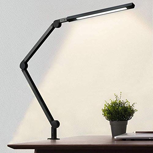 Desk Lamp with Clamp, Eye-Care Swing Arm Desk Lamp, Stepless Dimming & Adjustable Color Temperature Modern Architect Lamp with Memory & Timing Function for Study, Work, Home, Office, 10W