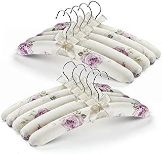 GLCON Anti Slip Satin Padded Clothes Hangers for Women Foam Sweater Hangers - Fancy Thick Padded Coat Hanger No Bump Floral Canvas Cover for Adult, Bridesmaid, Wedding Gown Closet (Pack of 10)