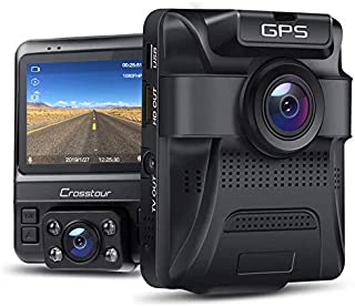 Dual Dash Cam GPS with IR Night Vision, Crosstour 1080P Front and 720P Inside Cabin Car Dash Camera 2.4 inch LCD Screen 310°Wide Angle Dual Lens Car Driving Recorder for Cars Truck Taxi