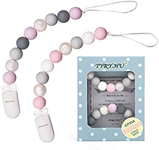 Pacifier Clip, TYRY.HU Silicone Teething Beads Binky Holder Soothie Teether Clips for Baby Boys or Girls, 2 Pack (Pink+Purple)