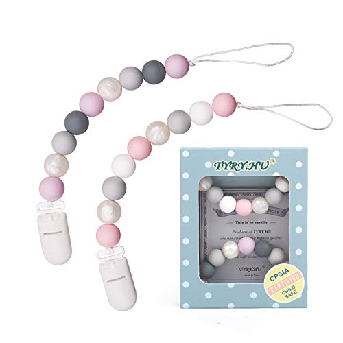 Pacifier Clip, TYRY.HU Silicone Teething Beads Binky Holder Soothie Teether Clips for Baby Boys or Girls, 2 Pack (Pink+Purple)