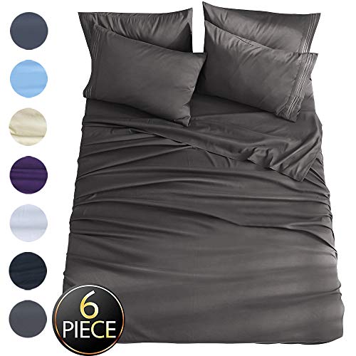 Shilucheng King Size 6-Piece Bed Sheets Set Microfiber 1800 Thread Count Percale 16 Inch Deep Pockets Super Soft and Comforterble Wrinkle Fade and Hypoallergenic(King,Dark Grey)