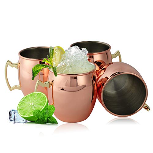 Copper Mule Mugs, Moscow Mule Mugs Set of 4, Mirror Polished Copper Cups with Stainless Steel Inner and Copper-plated Outer for Beer and Cocktail