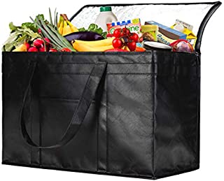 NZ Home XXL Insulated Grocery Bag, Hot & Cold Food Delivery Bag, Light Weight, Collapsible, Washable, Heavy Duty, Stands Upright, Completely Reinforced Bottom & Handles (1 Pack, Black)