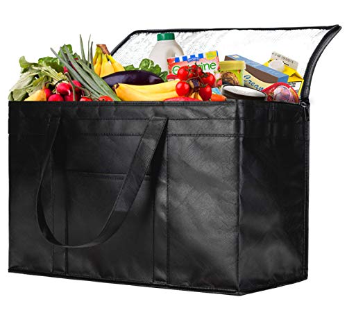 NZ Home XXL Insulated Grocery Bag, Hot & Cold Food Delivery Bag, Light Weight, Collapsible, Washable, Heavy Duty, Stands Upright, Completely Reinforced Bottom & Handles (1 Pack, Black)