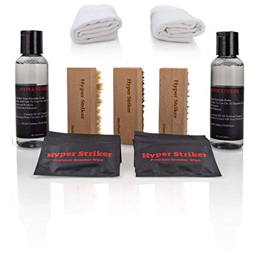 Hyper Striker Shoe Cleaner Kit - Sneakers Cleaner Kit - 3 Brush 8oz. All-Natural Solution with Wipes and Cloth, Cleans and Conditions Suede, White, Canvas, Leather Sneakers