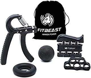 FitBeast Hand Grip Strengthener Workout Kit (5 Pack) Forearm Grip Adjustable Resistance Hand Gripper, Finger Exerciser, Finger Stretcher, Grip Ring & Stress Relief Grip Ball for Athletes (Black)