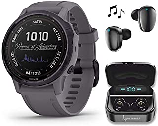 Garmin Fenix 6S Pro Solar Women of Adventure Premium Multisport GPS Smartwatch with Included Wearable4U Ultimate Black Earbuds and Charging Power Bank Case Bundle (Amethyst Steel w/Shale Gray Band)