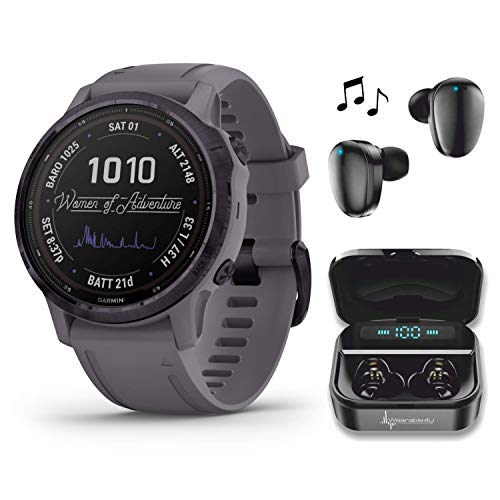 Garmin Fenix 6S Pro Solar Women of Adventure Premium Multisport GPS Smartwatch with Included Wearable4U Ultimate Black Earbuds and Charging Power Bank Case Bundle (Amethyst Steel w/Shale Gray Band)